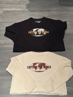 "Wideworld" Crop Top Lightweight Sweatshirt (Black)