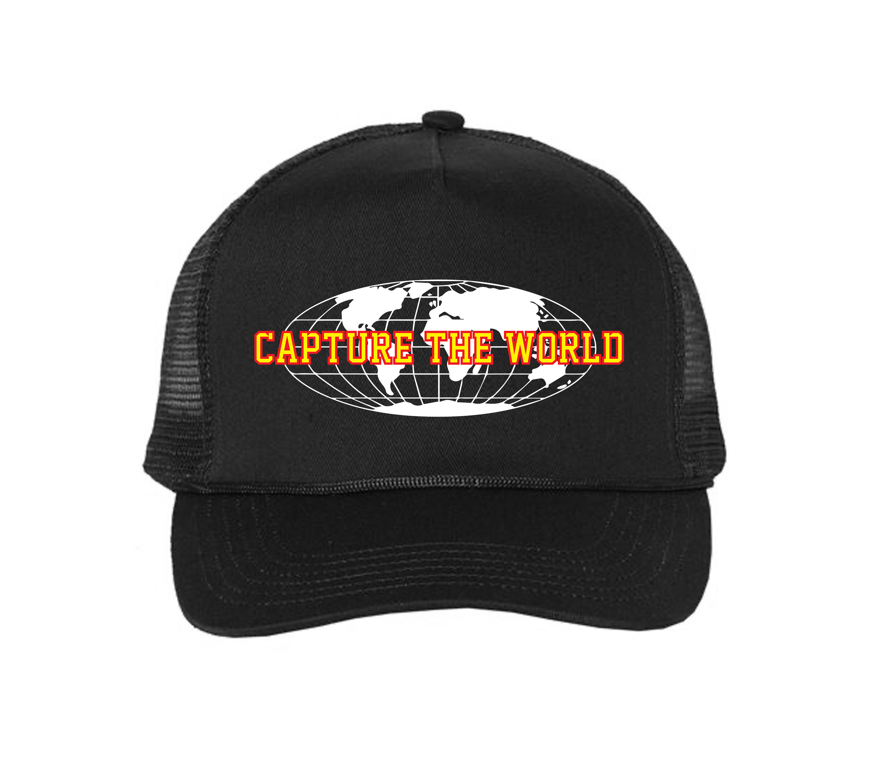"World Wide" Five-Panel Mesh-Back Trucker Cap V1 (Black)